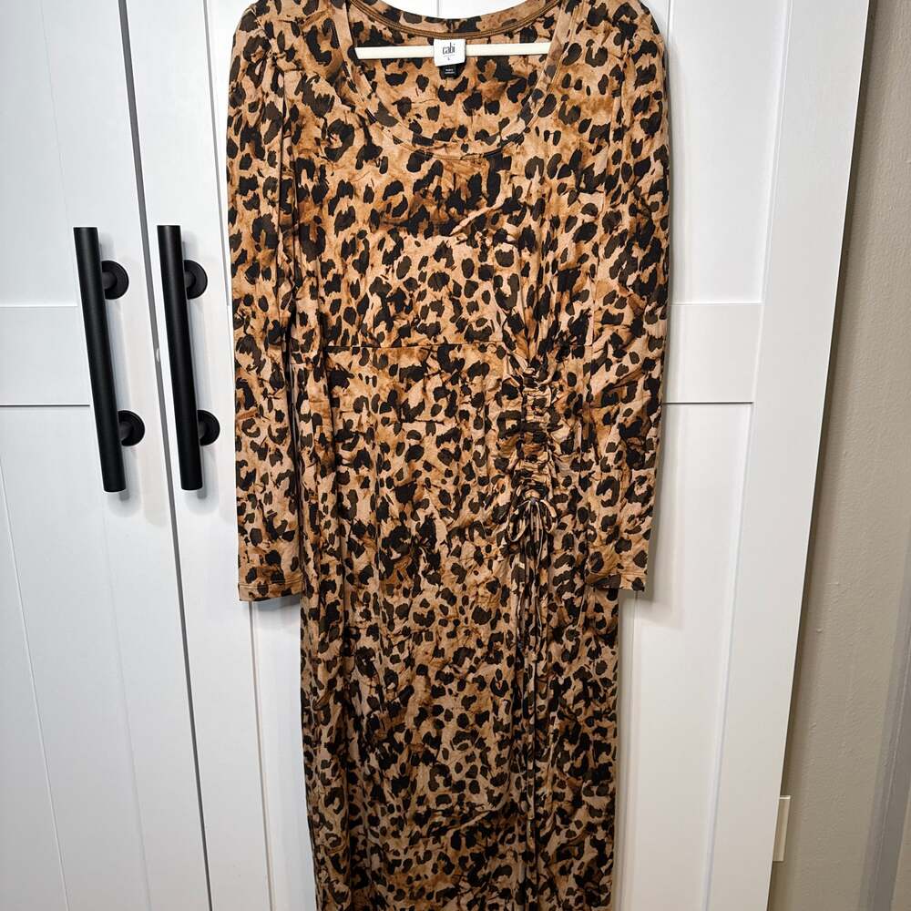 Cabi Leopard Print Midi Dress with Side Ruched Detail, Women's Size L